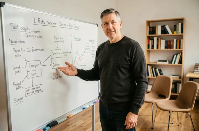 Formateur professionnel expliquant un plan de développement de carrière devant un tableau blanc