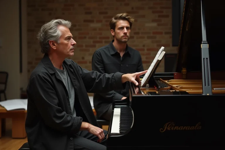Musicien français assis au piano dans un studio de répétition, visage pensif, illustrant la carrière de Gaëtan Roussel face à la maladie auto-immune
