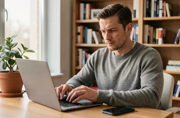 Homme gérant ses services bancaires en ligne depuis son espace de travail à domicile, représentant les offres numériques de la Banque Cortal