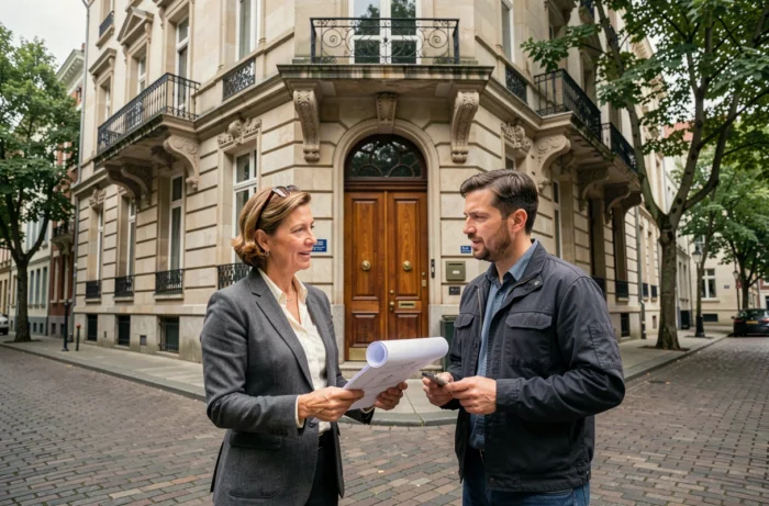 Gestionnaire d'immeuble et ingénieur discutant des plans de rénovation énergétique devant une façade Art Nouveau à Bruxelles dans le cadre d'un projet de chaudière à condensation