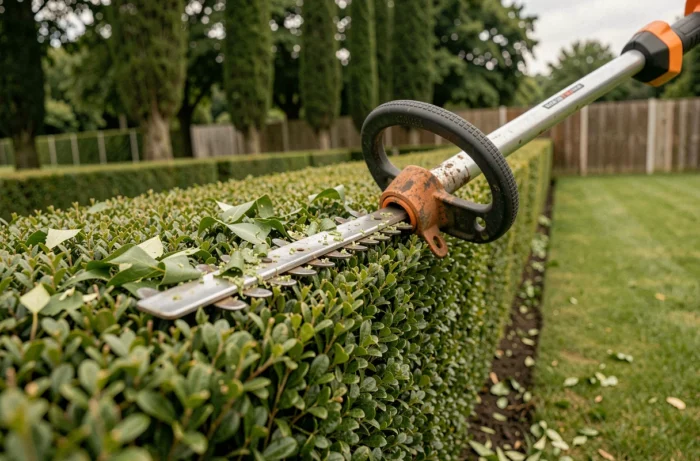 Gros plan d'un taille-haie thermique professionnel posé sur une haie de troène fraîchement taillée dans un jardin formel