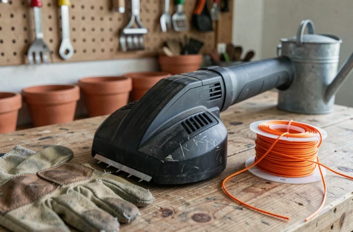 Gros plan sur la tête d'un rotofil électrique avec bobine de fil nylon et gants de jardinage sur un établi en bois
