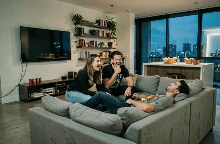 Groupe d'amis réunis sur un canapé dans un appartement moderne réagissant à une série lors d'une soirée binge-watching