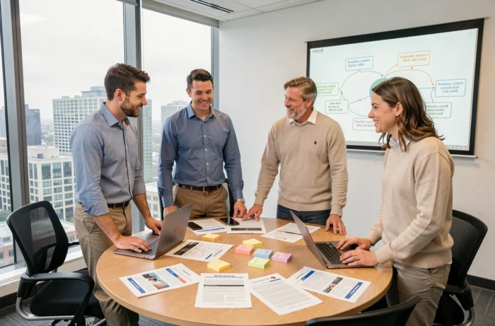 Groupe de professionnels en session de formation collaborative dans une salle de réunion moderne