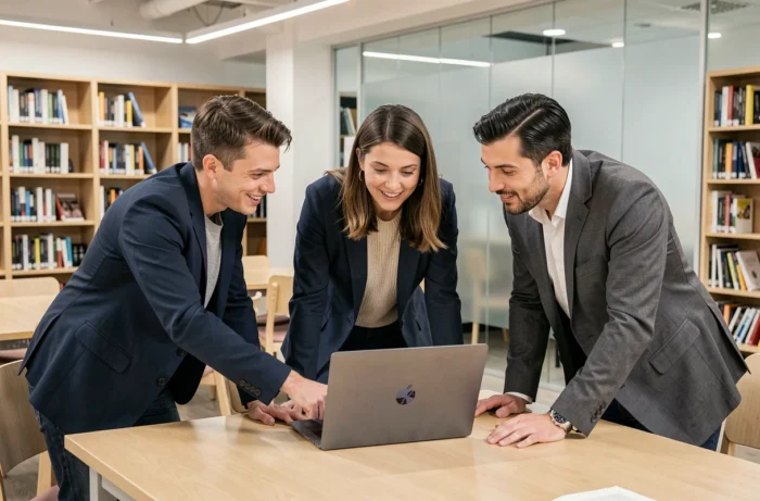 Groupe de professionnels collaborant autour d'un ordinateur portable pour des conseils de recherche d'emploi en ligne