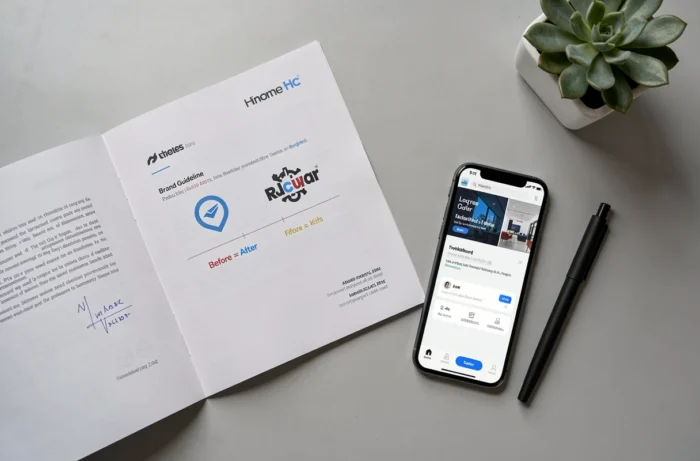 Flat lay professionnel montrant un guide de marque avec comparaison avant-après d'un logo de plateforme renommée