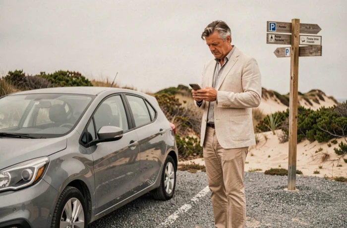 Homme consultant son téléphone pour trouver un parking à Fort Mahon près des dunes pendant le marché