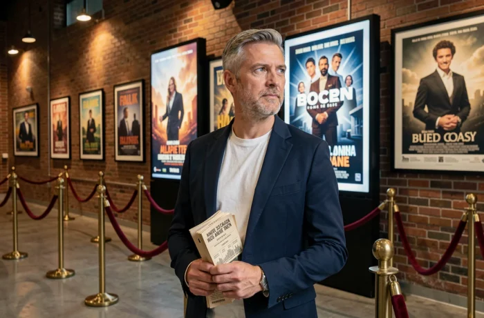 Homme élégant dans le hall d'un cinéma d'art et essai, tenant un programme de films devant des affiches de cinéma rétroéclairées