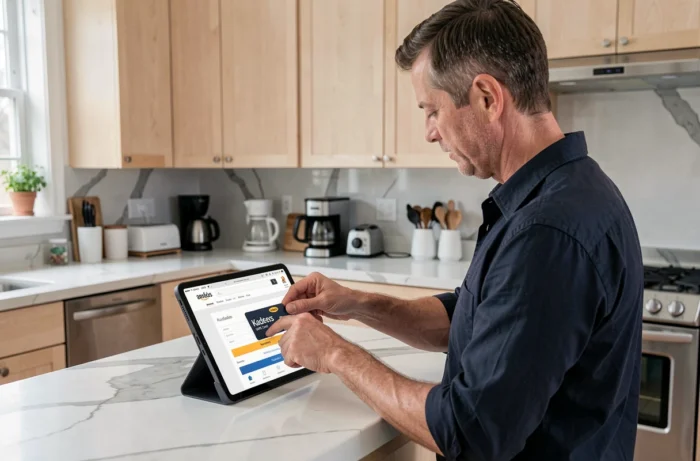 Homme saisissant un code de carte Kadéos sur une tablette dans une cuisine moderne pour effectuer un achat Amazon