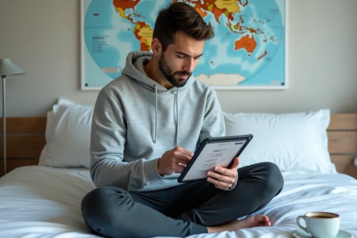 Homme comparant des offres de voyage sur une tablette depuis son appartement minimaliste