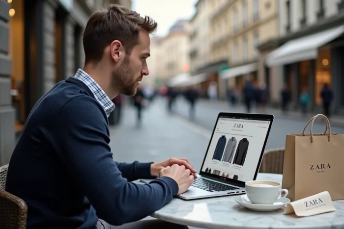 Homme comparant les prix Zara sur son ordinateur portable dans un café en ville européenne