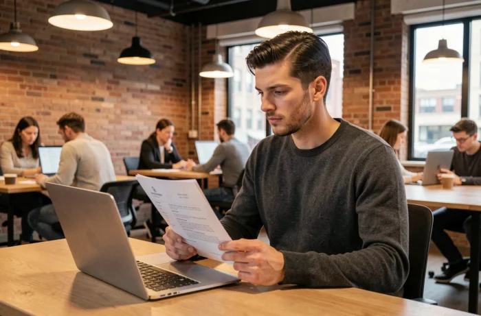 Homme consultant son CV dans un espace de coworking moderne pour optimiser sa candidature en ligne