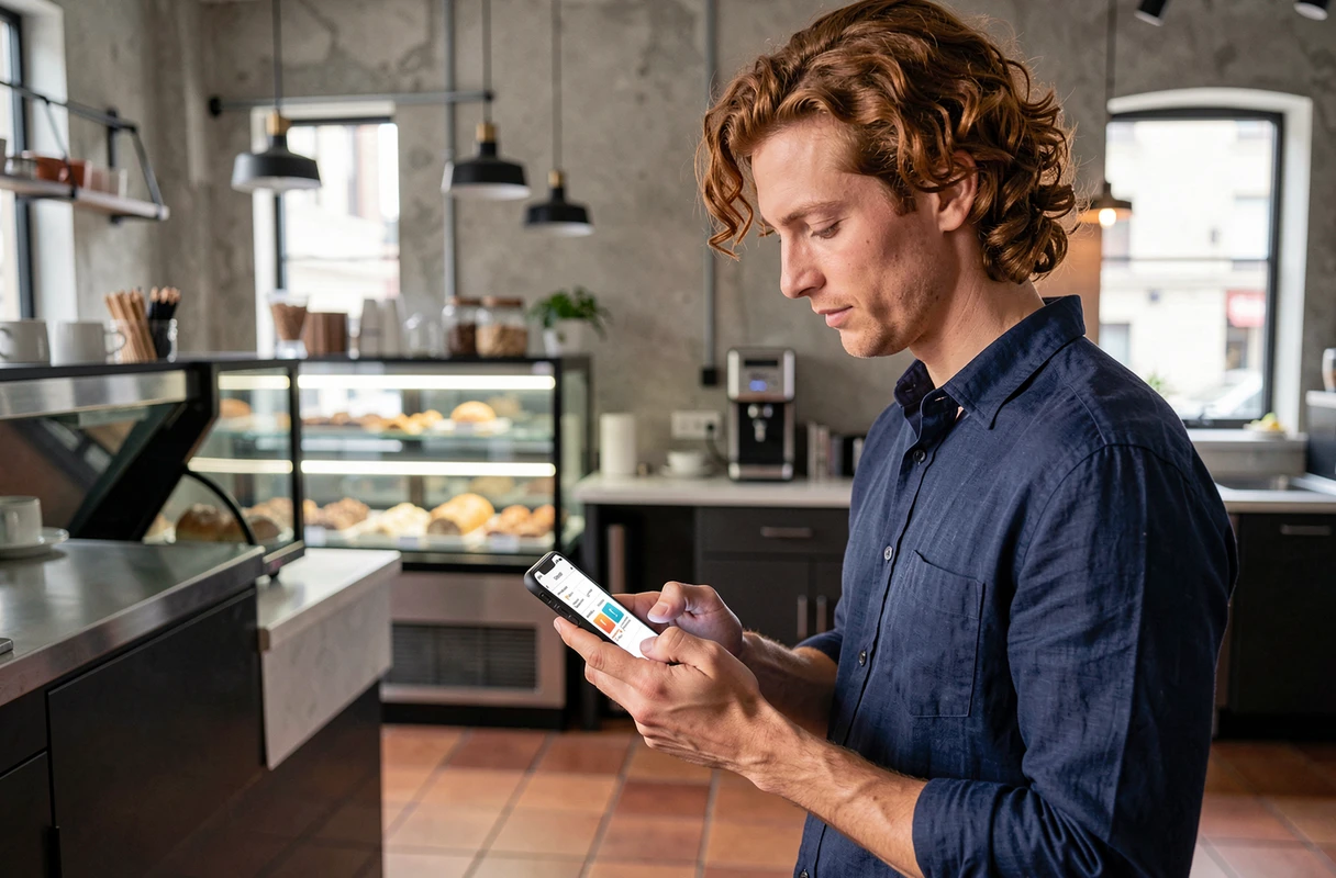 Homme consultant les mises à jour d'Owly Mary sur smartphone dans un café urbain moderne