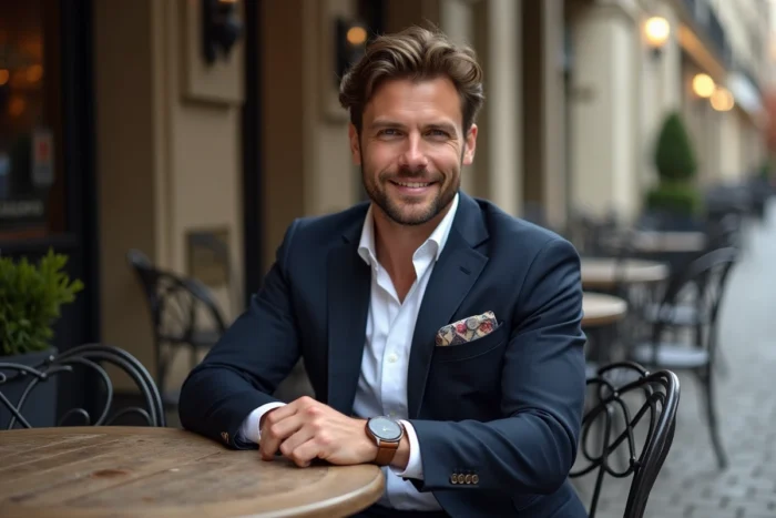 Homme élégant portant une montre en cuir et un pochette en soie dans un café parisien en automne