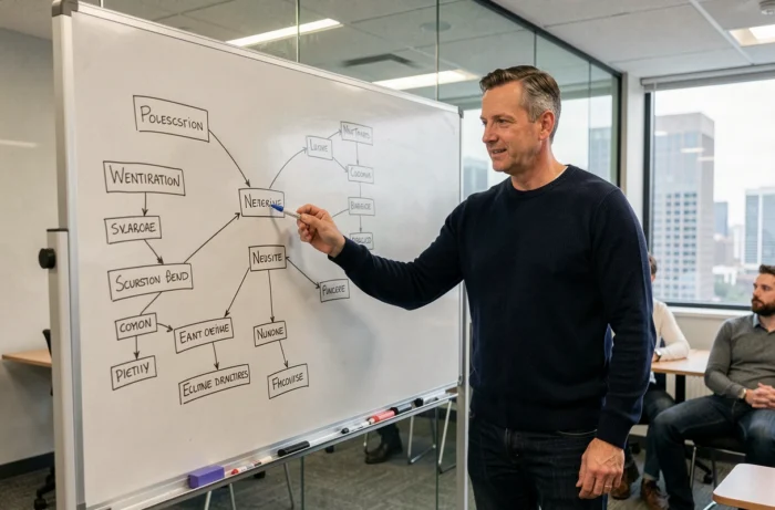 Homme présentant une arborescence de navigation web sur un tableau blanc en réunion