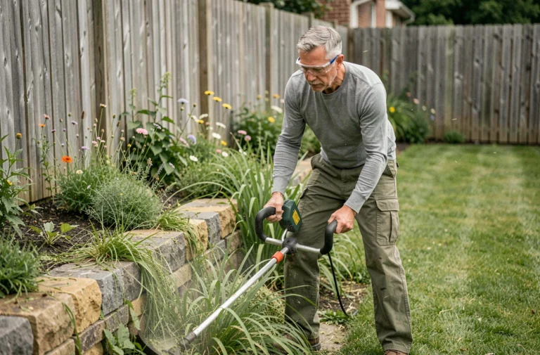 Homme utilisant un rotofil électrique filaire pour border une pelouse le long d'un muret de jardin en pierre