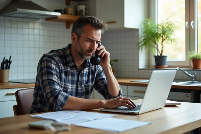 Homme contactant le service client Carrefour par téléphone pour résoudre un problème de livraison