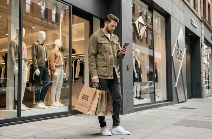 Homme tendance portant des sacs de shopping devant une boutique de mode contemporaine en milieu urbain avec son téléphone affichant une application mode