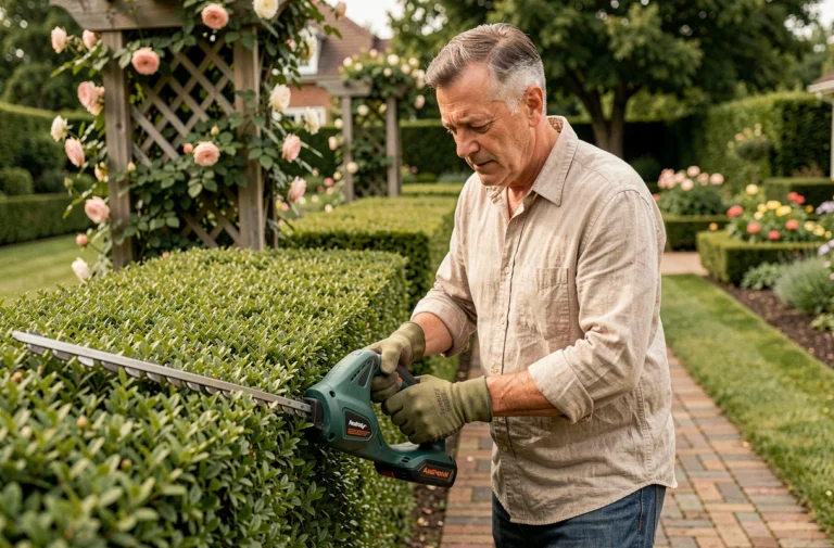 Homme d'âge mûr utilisant un taille-haie électrique sans fil pour tailler une haie de buis dans un jardin bien entretenu