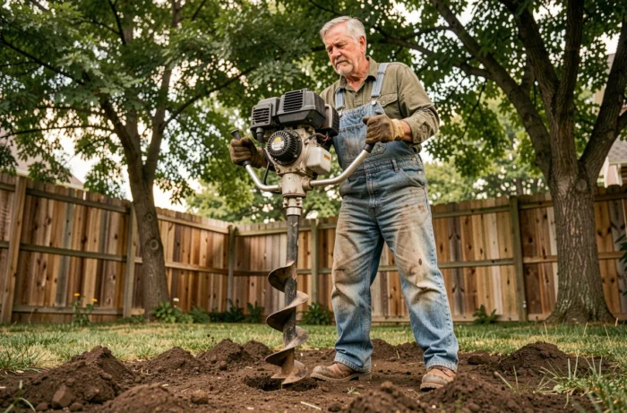 Homme utilisant une tarière thermique pour creuser un trou dans la terre d'un jardin