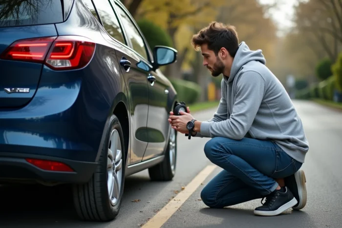 Homme vérifiant la pression des pneus de sa voiture dans une rue résidentielle calme