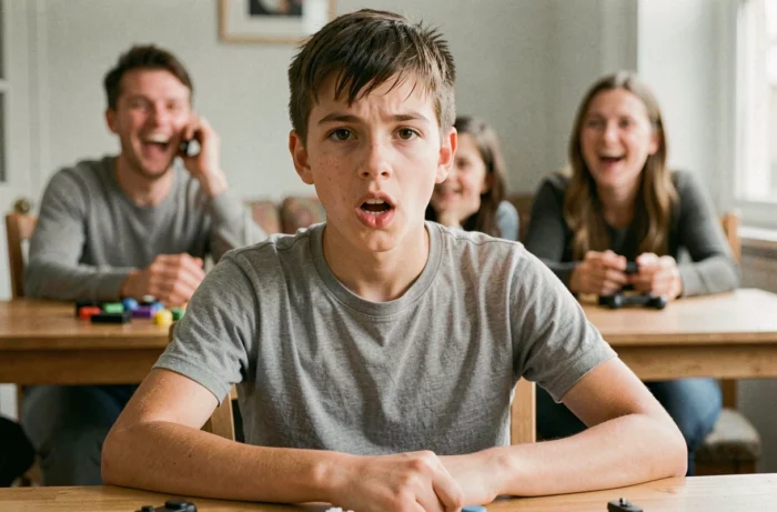 Adolescent imitant la voix et les gestes d'un robot de façon comique