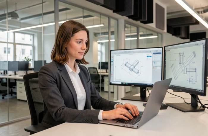 Ingénieure en bureau d'études suisse travaillant sur un logiciel de CAO, environnement de travail moderne avec cloisons en verre