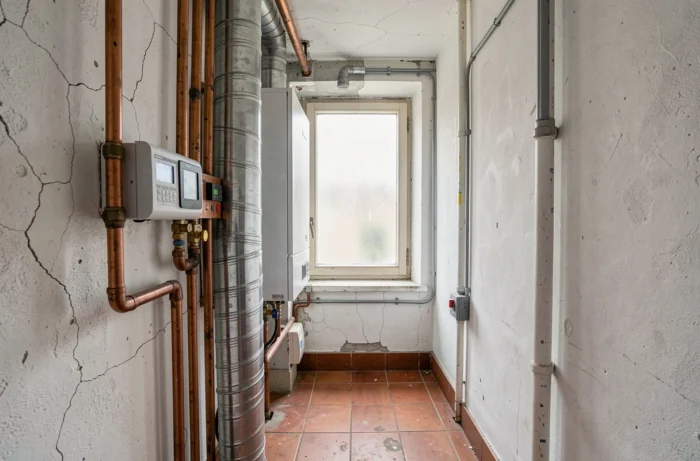 Détail d'installation de chaudière à condensation avec tuyauterie en cuivre et conduit d'évacuation dans un couloir technique d'immeuble ancien bruxellois
