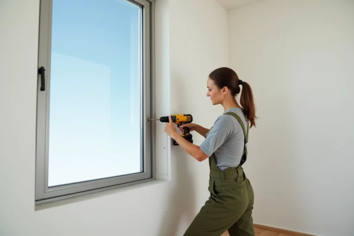 Femme bricolant la pose d'un profilé de fenêtre aluminium avec une perceuse sans fil dans une maison moderne