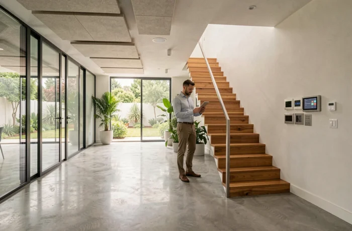 Intérieur résidentiel moderne avec sol en béton poli, baies vitrées et finitions architecturales haut de gamme