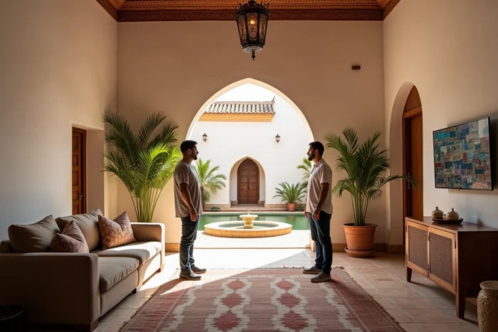 Intérieur d'un riad à Essaouira avec propriétaire et locataires potentiels lors d'une visite pour location longue durée entre particuliers