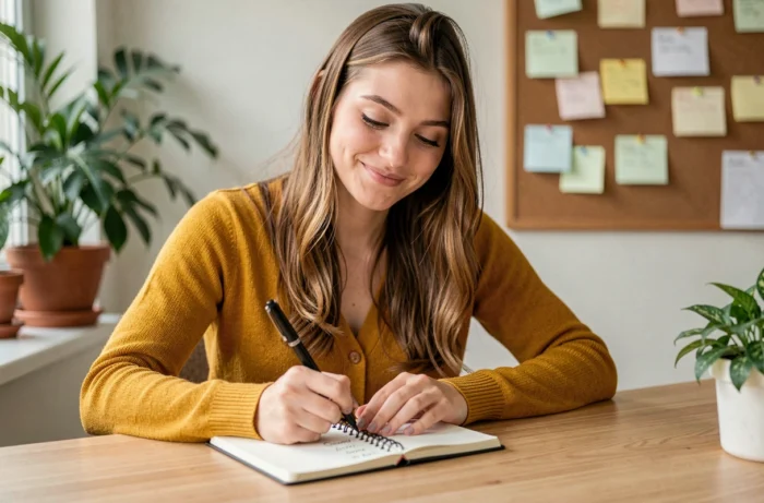 Jeune femme inventant un mot avec un sourire espiègle dans un carnet