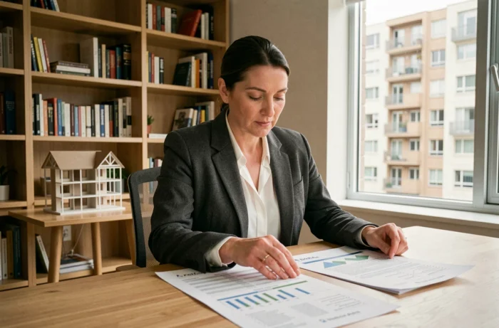 Investisseuse immobilière analysant des rapports budgétaires dans un bureau à domicile moderne
