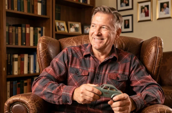 Homme adulte tenant un jouet d'enfance avec un sourire nostalgique