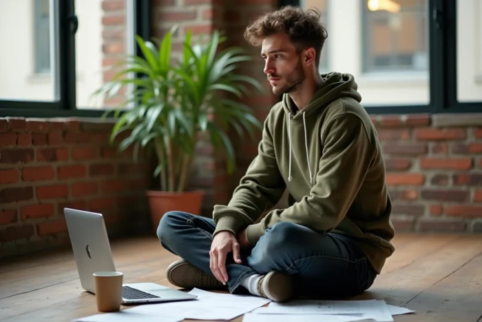 Jeune entrepreneur concentré travaillant sur son plan d'affaires assis au sol dans un loft industriel