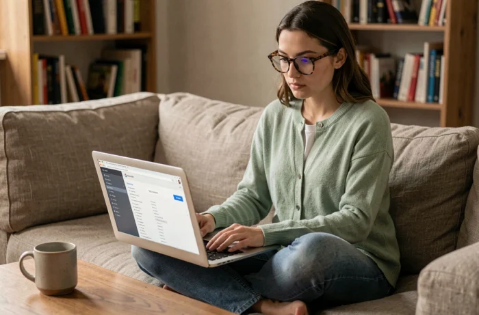 Jeune femme consultant un sitemap de site web sur son ordinateur portable chez elle