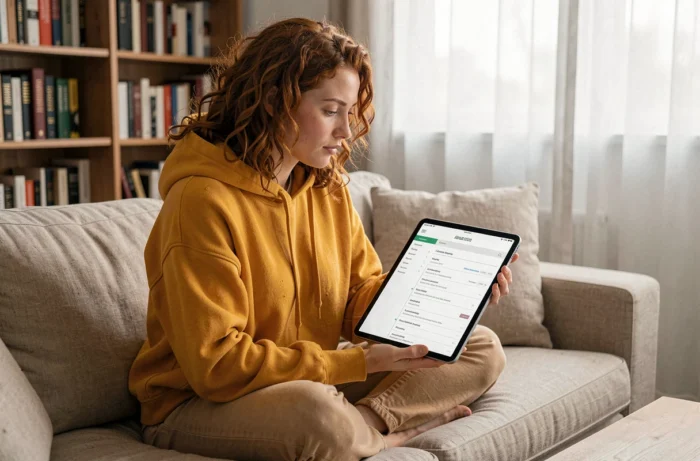 Jeune femme découvrant le plan de site d'un site e-commerce sur une tablette dans un salon cosy