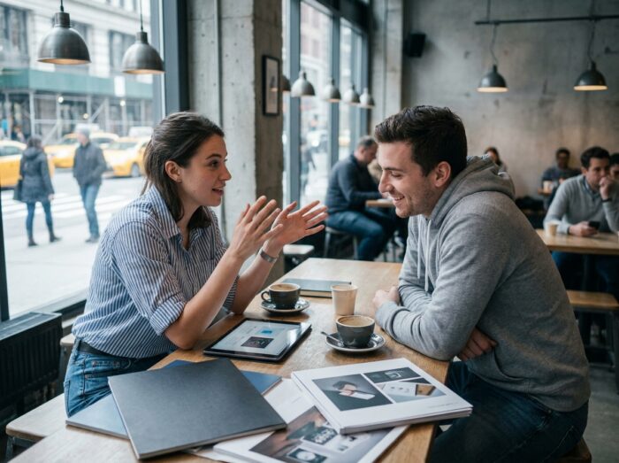 Deux jeunes artistes discutant de leur parcours professionnel et créatif autour de portfolios dans un café urbain