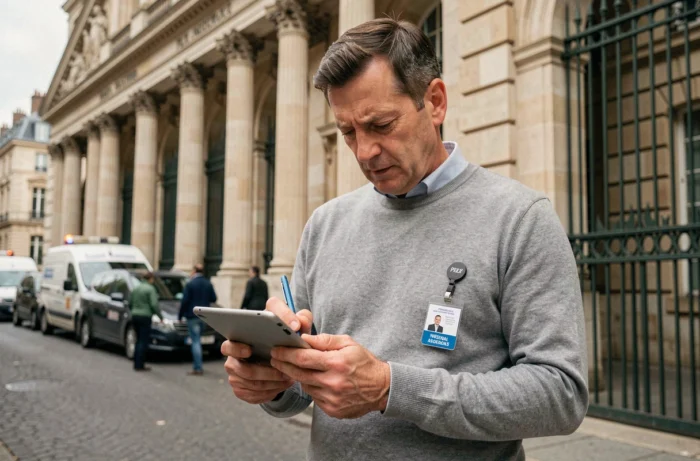 Journaliste devant l'Assemblée nationale française consultant ses notes sur une tablette