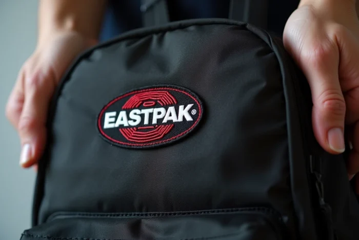 Gros plan sur le logo brodé d'un sac Eastpak montrant la régularité des points et le positionnement centré