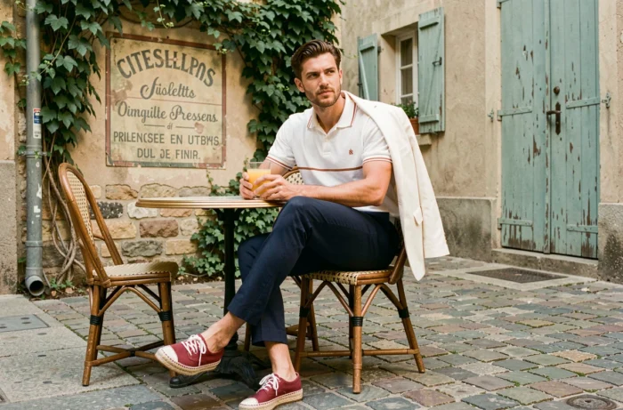 Homme en look guinguette rétro années 50 avec blazer blanc et espadrilles assis en terrasse de village français