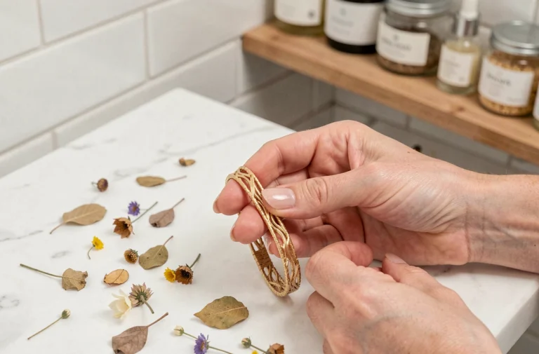 Mains de femme tenant un bracelet en or végétal au-dessus d'un comptoir en marbre blanc entouré d'éléments botaniques séchés
