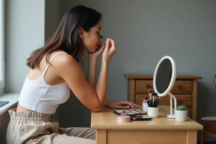 Femme appliquant du mascara devant un miroir grossissant sur une coiffeuse en bois avec accessoires de maquillage