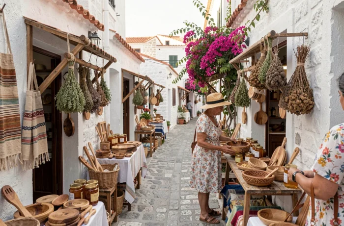 Marché artisanal en plein air dans un village près de Corinthe avec boutiques de produits locaux grecs