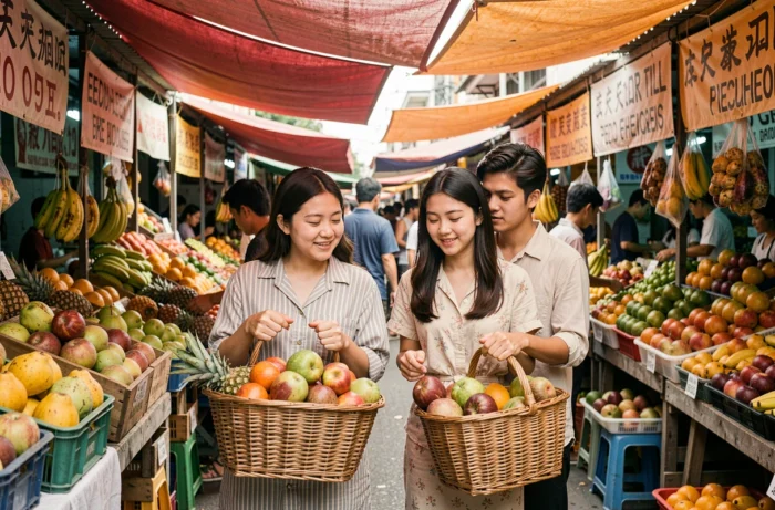 Mère et ses enfants adultes explorant un marché local coloré en Asie du Sud-Est pendant un voyage en famille