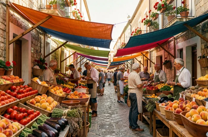Vue panoramique du marché en plein air de Porto Torres en Sardaigne, avec des étals colorés de fruits et légumes frais sous des auvents en toile