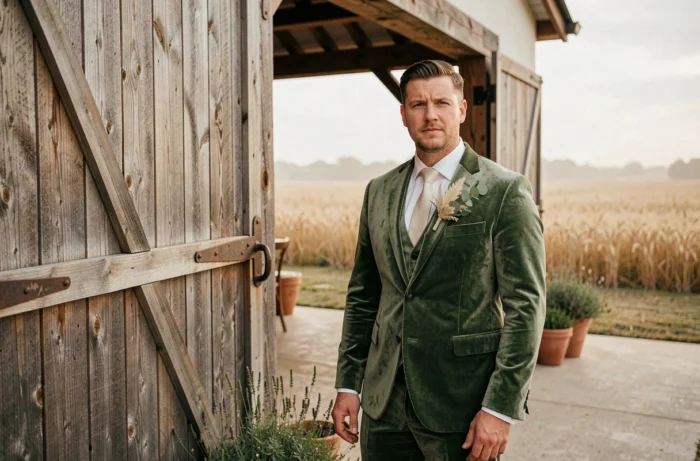 Marié en costume de velours vert sauge devant une grange rustique avec décoration botanique tendance pour mariage 2024
