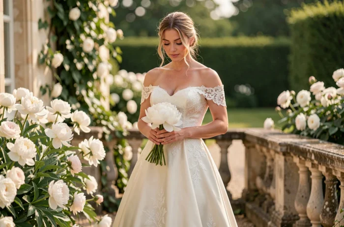 Mariée en robe de soie ivoire avec dentelle dans un jardin de château français entouré de pivoines blanches, tendances mariage 2024