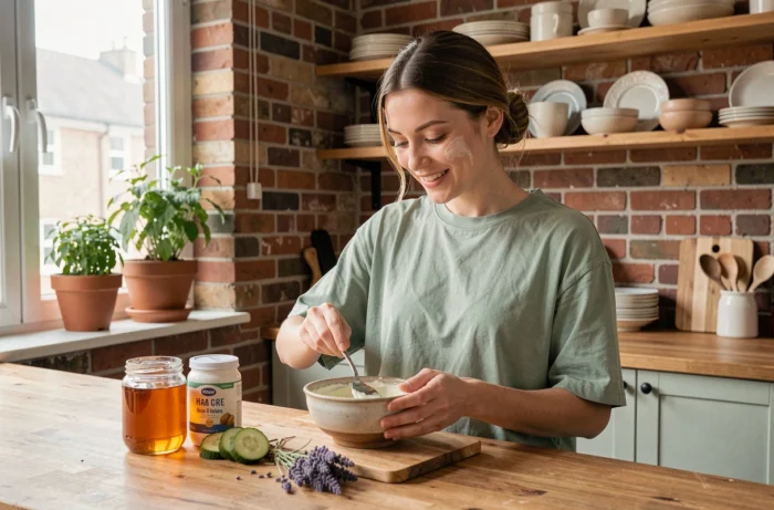 Jeune femme préparant un masque visage maison avec des ingrédients naturels dans une cuisine rustique