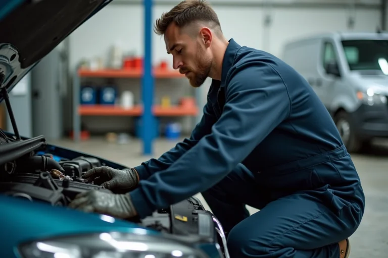 Mécanicien en combinaison de travail inspectant le moteur d'une voiture dans un garage propre et bien équipé